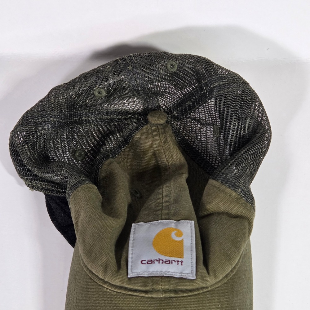 Carhartt Trucker Hat Mens OSFA Olive Green Canvas Mesh Snapback Logo Cap - Picture 3 of 5